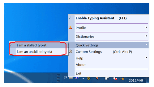 Typing Assistant quick settings